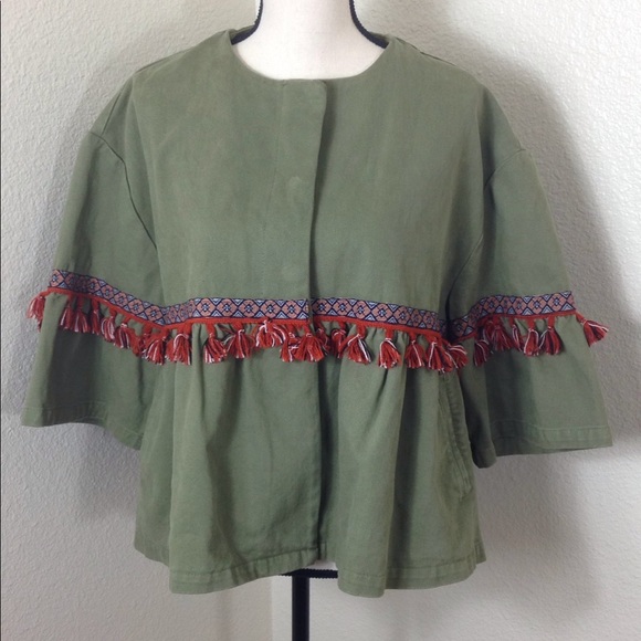 Zara Tops - Zara Basic Dept. Denim Tassels Top Olive Green Top